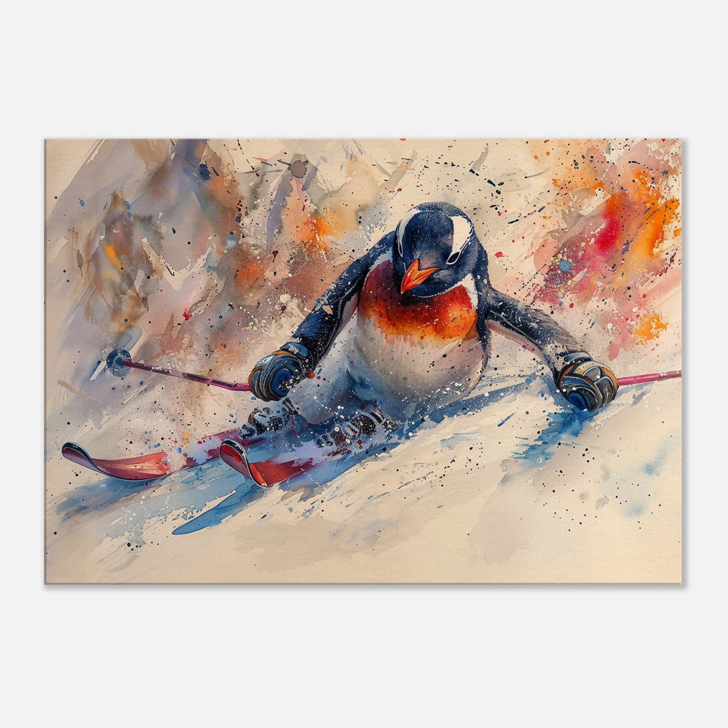 Watercolour Skiing Penguin Canvas Print. Funny Animal Wall Art Gift for Ski Lover, Skier, Snowboarder Unique Colourful Paint Splash Painting - CanvasityCrafts - Free Shipping