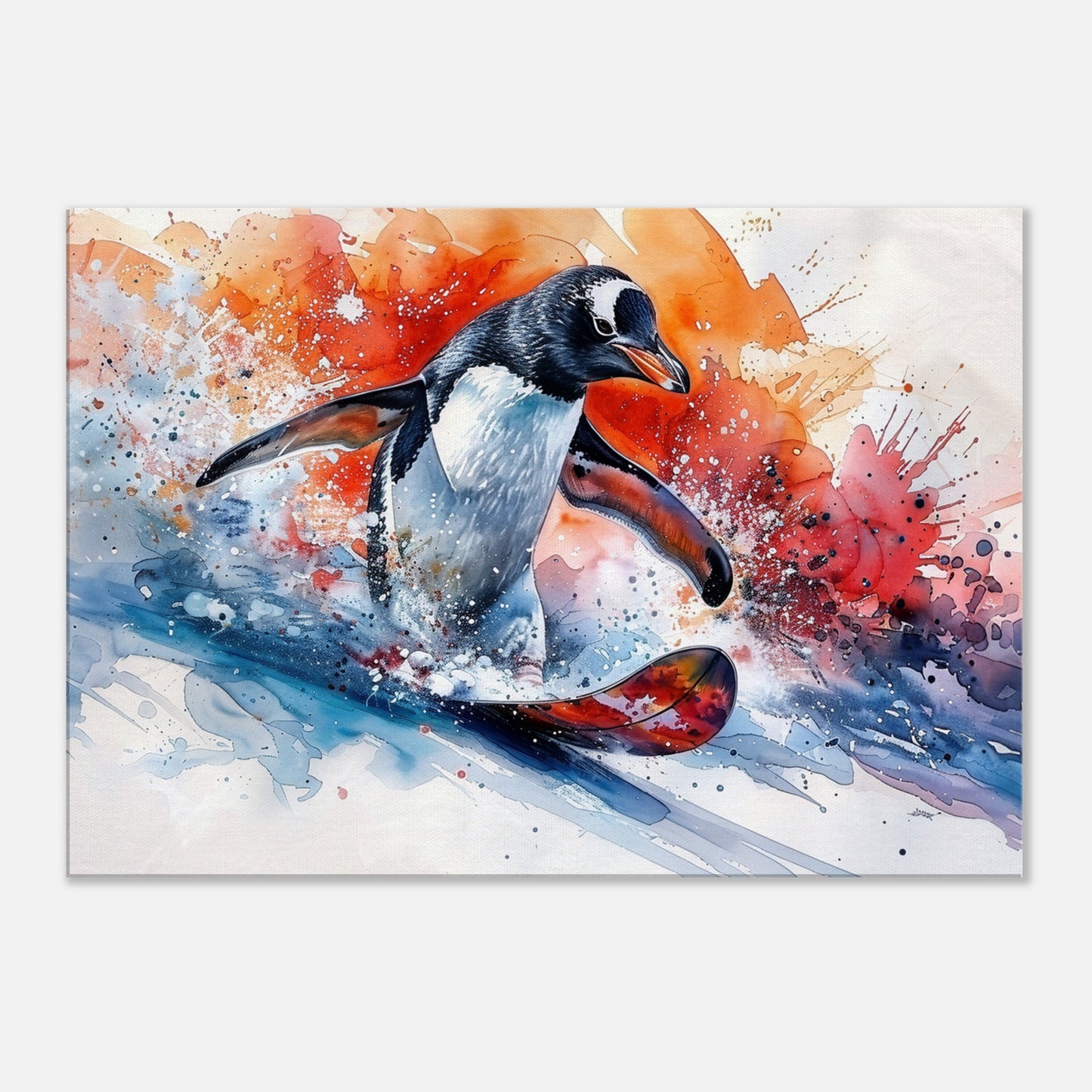 Watercolour Snowboarding Penguin Canvas Print. Funny Animal Wall Art Gift for Snowboarder, Snowboard Lover, Skier, Ski Paint Splash Painting - CanvasityCrafts - Free Shipping