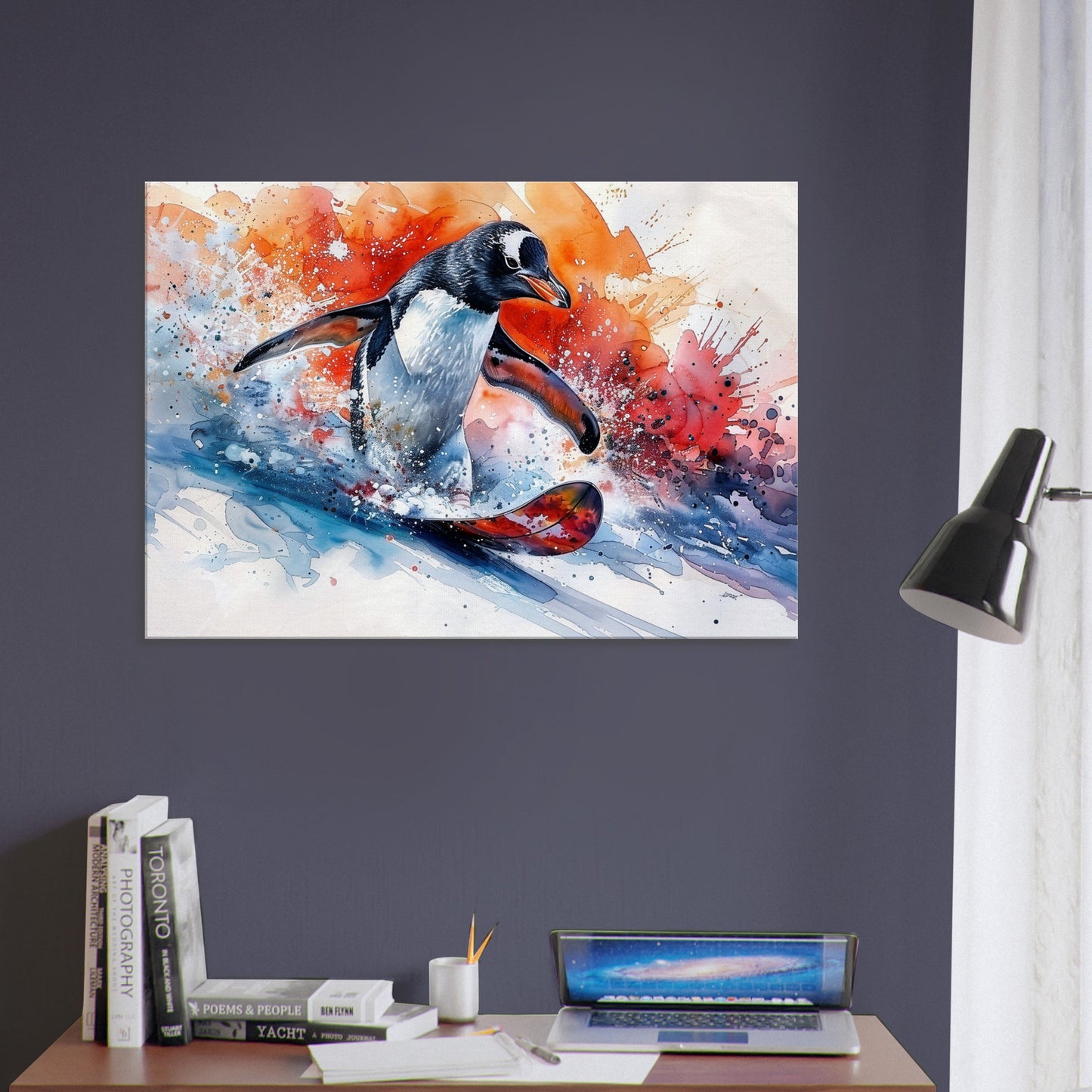 Watercolour Snowboarding Penguin Canvas Print. Funny Animal Wall Art Gift for Snowboarder, Snowboard Lover, Skier, Ski Paint Splash Painting - CanvasityCrafts - Free Shipping