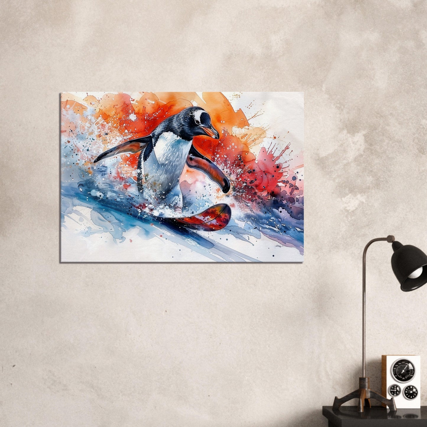 Watercolour Snowboarding Penguin Canvas Print. Funny Animal Wall Art Gift for Snowboarder, Snowboard Lover, Skier, Ski Paint Splash Painting - CanvasityCrafts - Free Shipping