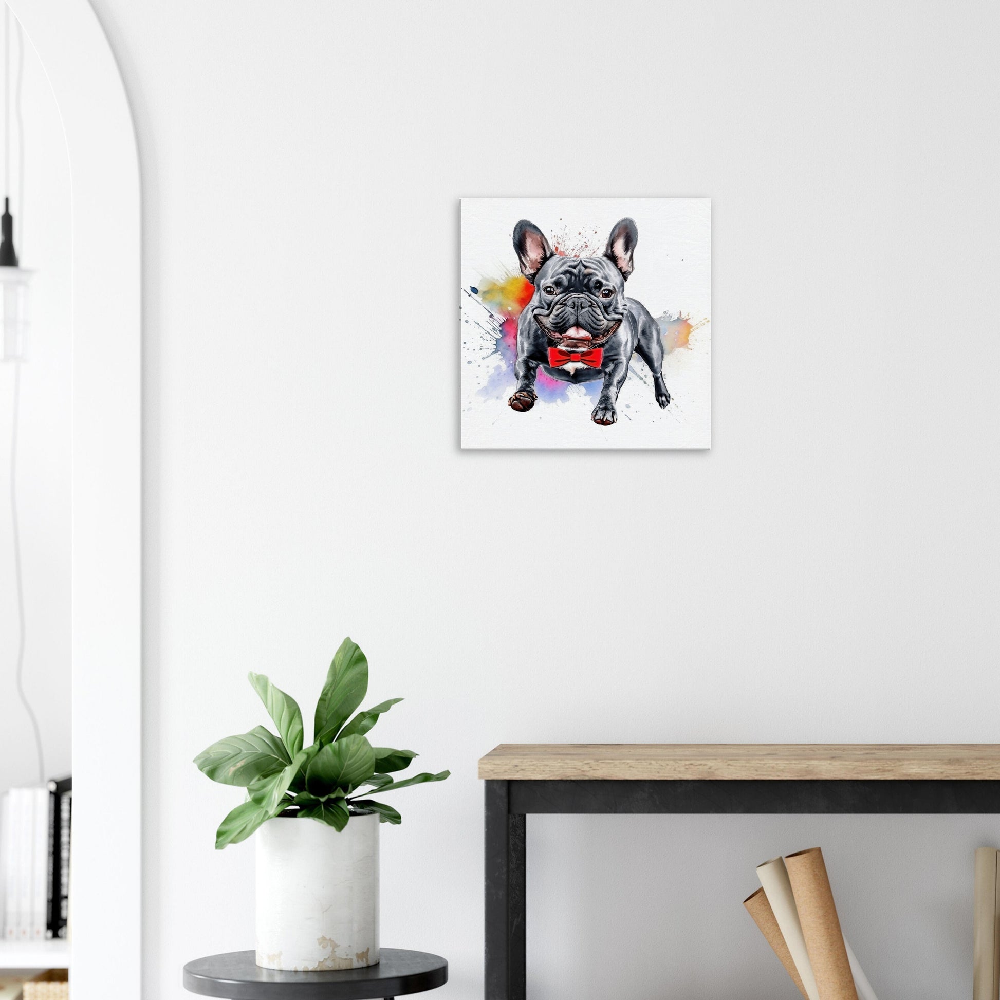 Lincoln in Motion! Colorful Blue Brindle French Bulldog Jumping Through Splashes of Color on Canvas. Frenchie Dad Wall Art - CanvasityCrafts - Free Shipping