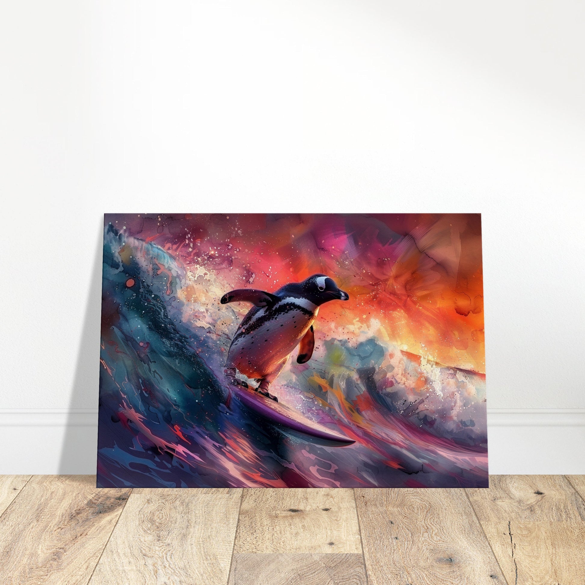 Sunset Surfing Penguin Canvas Print. Funny Animal Wall Art Gift for Surfers, Surf Lover, Surfboarder, Paint Splash Painting - CanvasityCrafts - Free Shipping