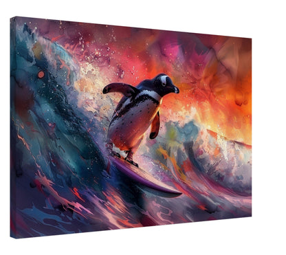 Sunset Surfing Penguin Canvas Print. Funny Animal Wall Art Gift for Surfers, Surf Lover, Surfboarder, Paint Splash Painting - CanvasityCrafts - Free Shipping