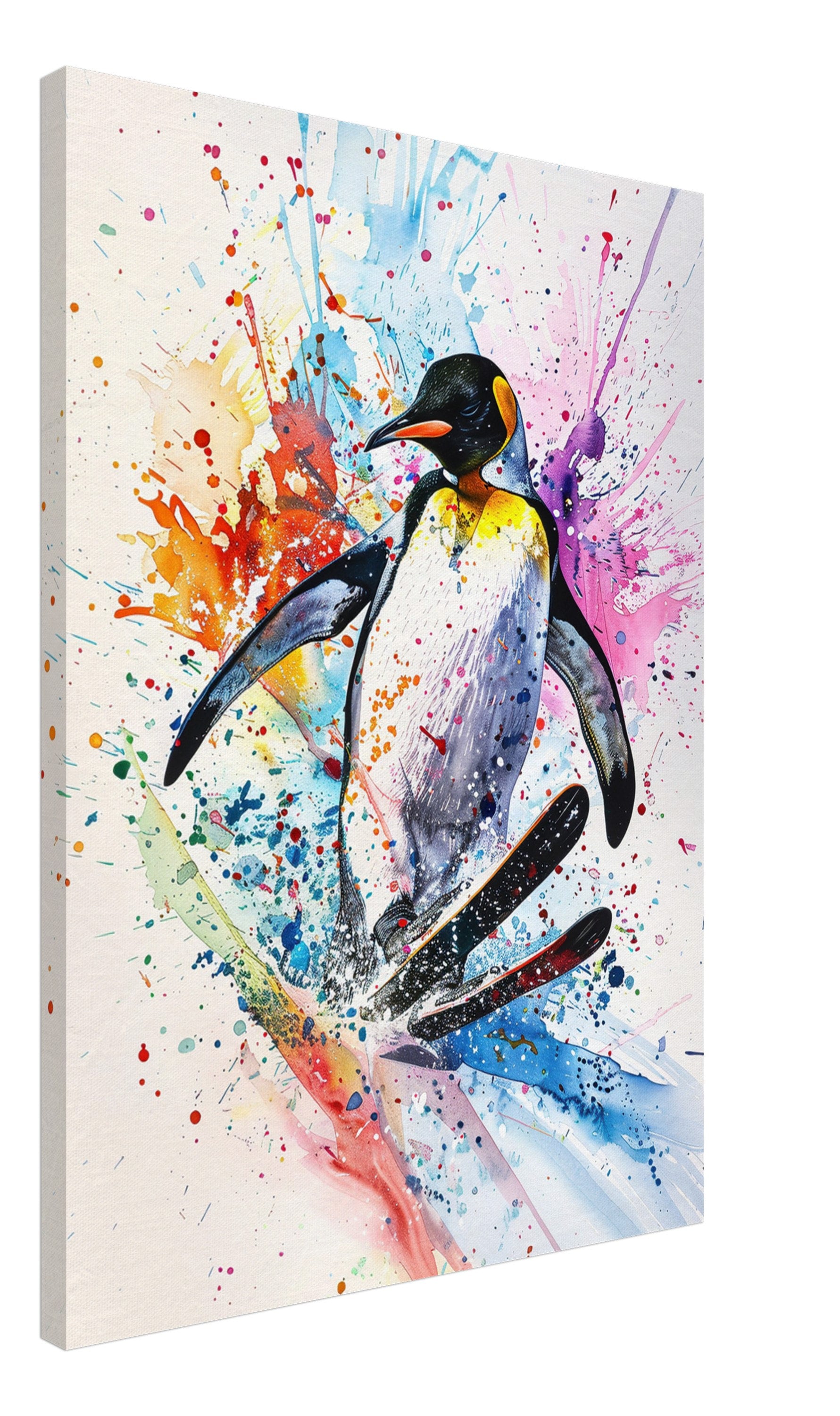 Watercolour Skiing Penguin Canvas Print. Funny Animal Wall Art Gift for Ski Lover, Skier, Snowboarder Unique Colourful Paint Splash Painting - CanvasityCrafts - Free Shipping