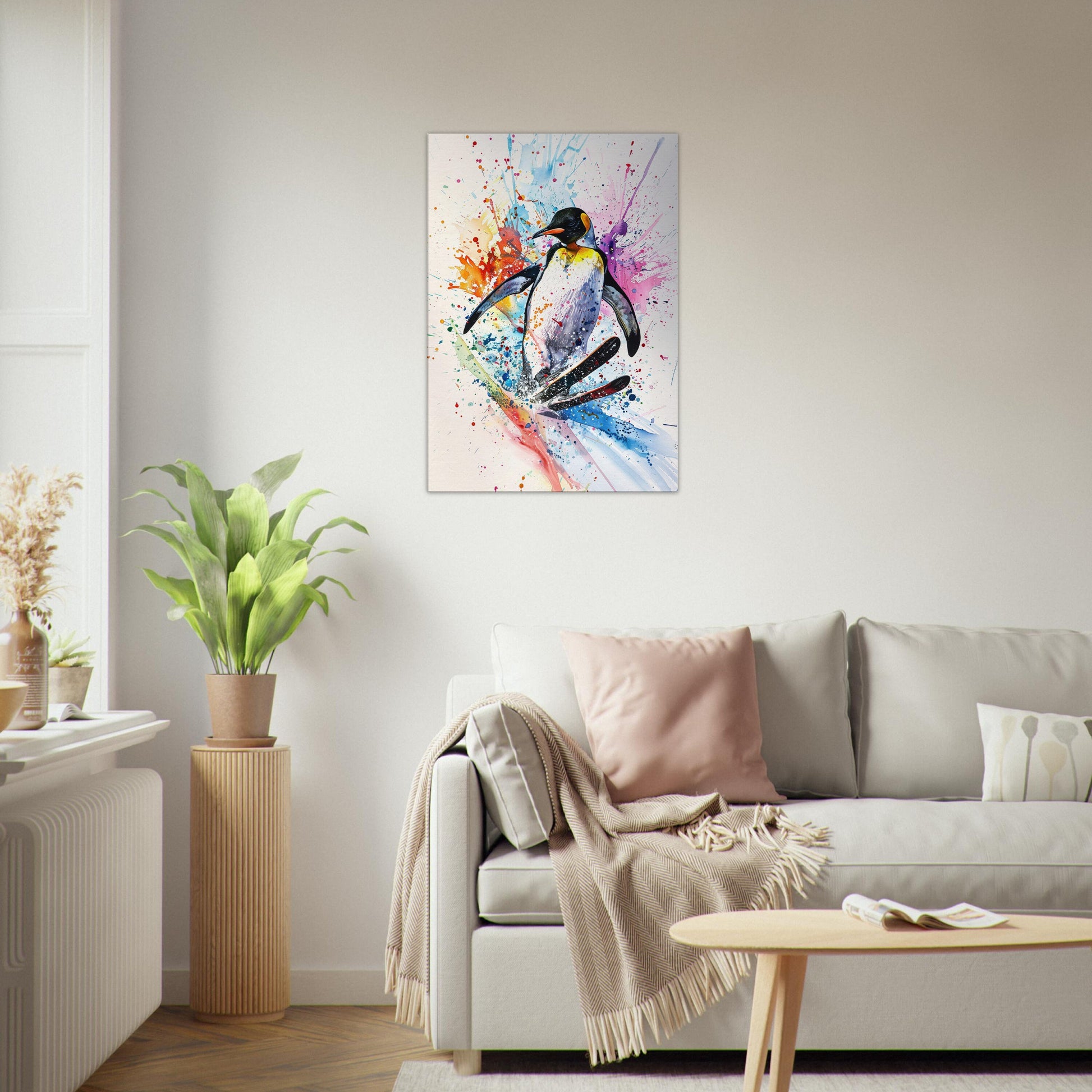 Watercolour Skiing Penguin Canvas Print. Funny Animal Wall Art Gift for Ski Lover, Skier, Snowboarder Unique Colourful Paint Splash Painting - CanvasityCrafts - Free Shipping