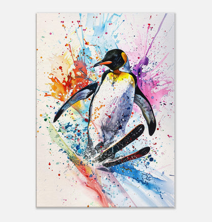 Watercolour Skiing Penguin Canvas Print. Funny Animal Wall Art Gift for Ski Lover, Skier, Snowboarder Unique Colourful Paint Splash Painting - CanvasityCrafts - Free Shipping