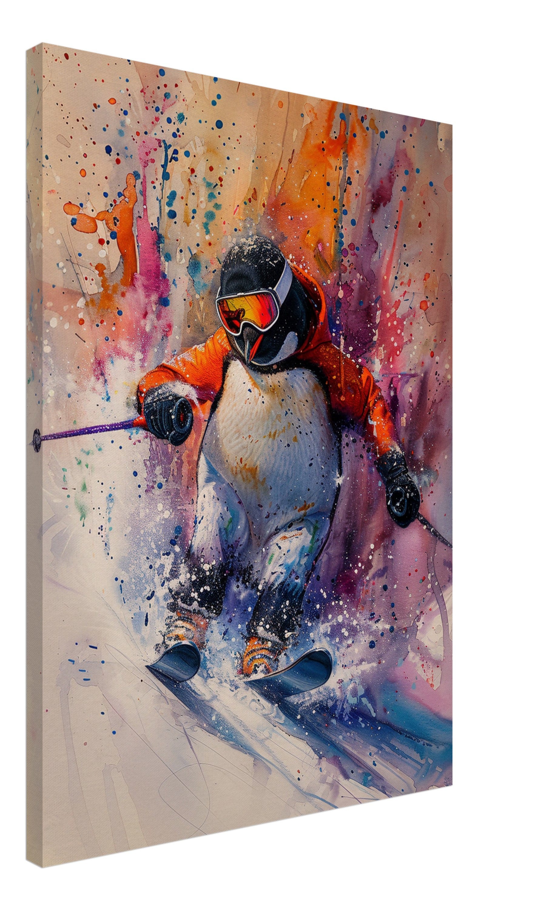 Watercolour Skiing Penguin Canvas Print. Funny Animal Wall Art Gift for Ski Lover, Skier, Snowboarder Unique Colourful Paint Splash Painting - CanvasityCrafts - Free Shipping