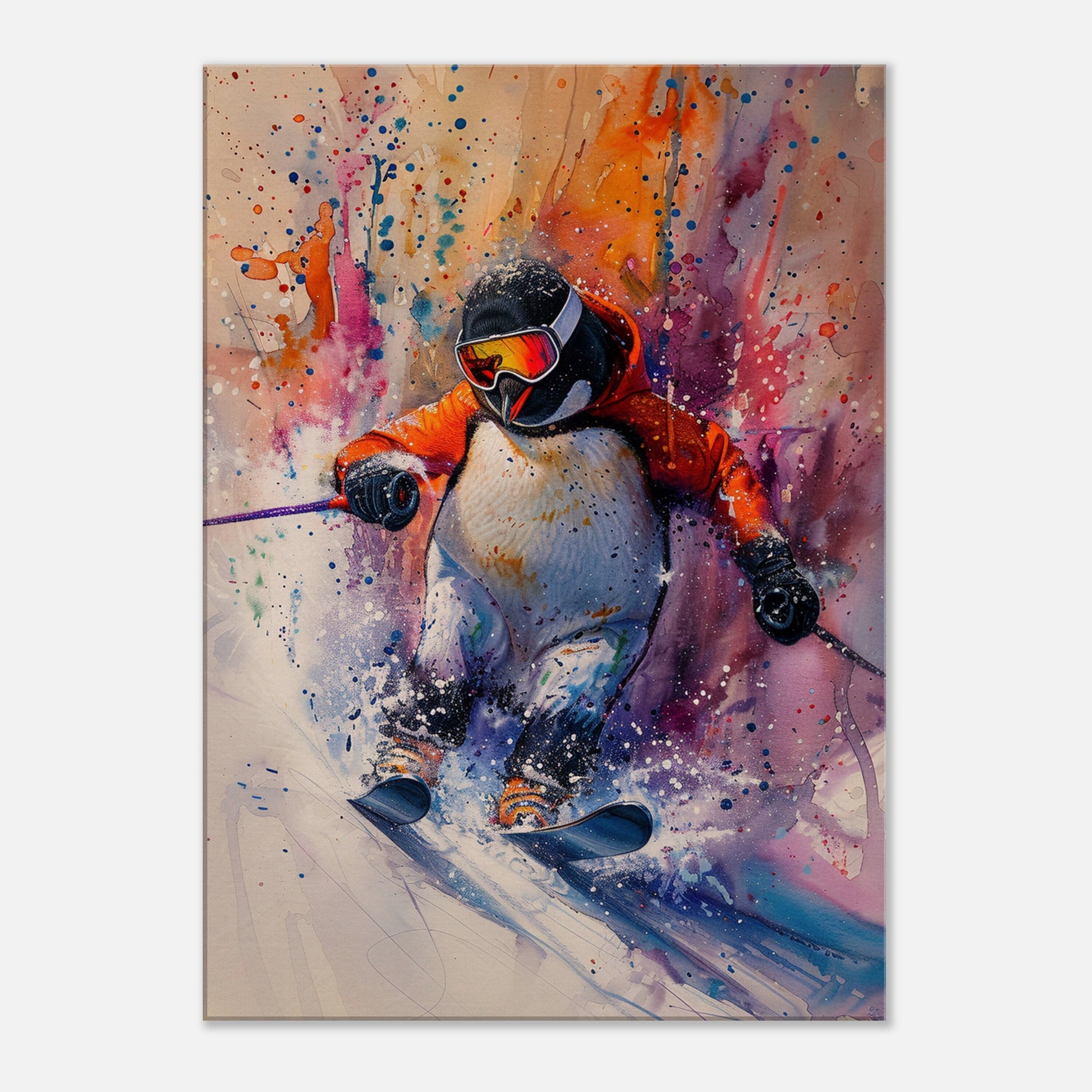 Watercolour Skiing Penguin Canvas Print. Funny Animal Wall Art Gift for Ski Lover, Skier, Snowboarder Unique Colourful Paint Splash Painting - CanvasityCrafts - Free Shipping