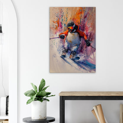 Watercolour Skiing Penguin Canvas Print. Funny Animal Wall Art Gift for Ski Lover, Skier, Snowboarder Unique Colourful Paint Splash Painting - CanvasityCrafts - Free Shipping