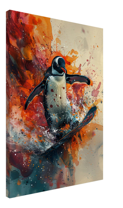 Funny Snowboarding Penguin Canvas Print. Paint Splash Animal Wall Art Gift for Snowboard Lover, Snowboarder, Skier, Watercolour Painting - CanvasityCrafts - Free Shipping