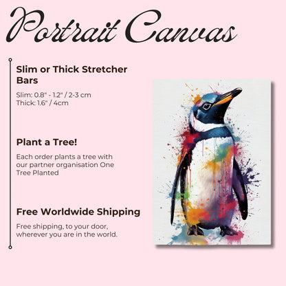 Cute Penguin Chick Canvas Print. Paint Splash Animal Wall Art Gift, Watercolor Painting Picture, Abstract Bird Decor, Splatter Style Gifts - CanvasityCrafts - Free Shipping