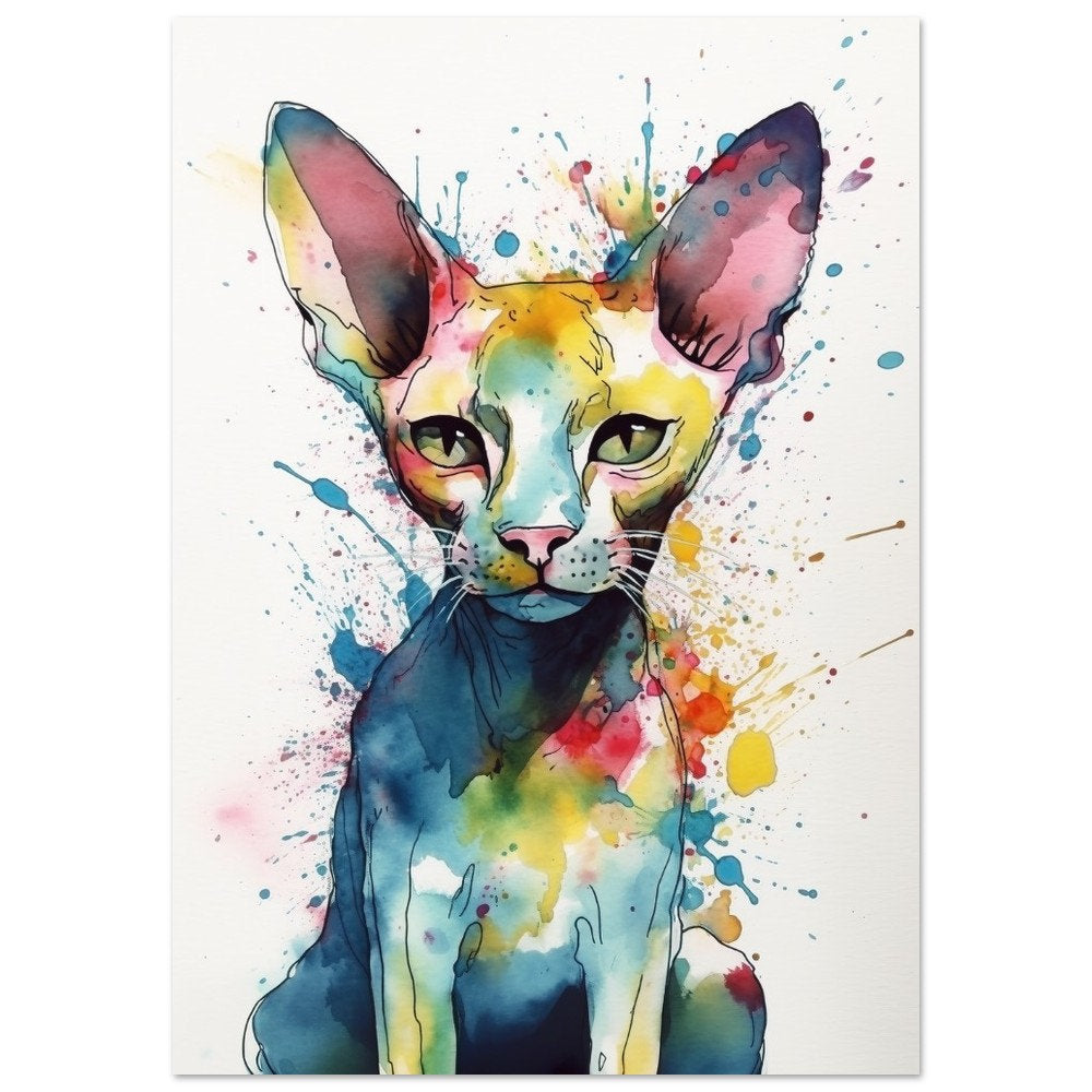 Watercolour Canadian Sphynx Cat Poster Print. Abstract Colourful Portrait Painting Gift for Hairless Cat Lovers. Paint Splash - CanvasityCrafts - Free Shipping