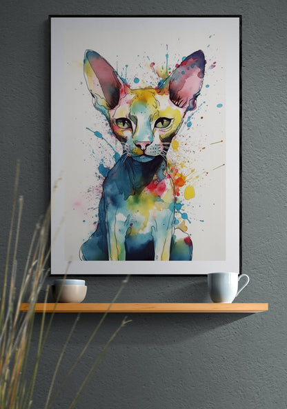 Watercolour Canadian Sphynx Cat Poster Print. Abstract Colourful Portrait Painting Gift for Hairless Cat Lovers. Paint Splash - CanvasityCrafts - Free Shipping