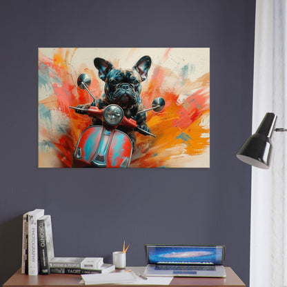 French Bulldog Riding a Moped Canvas Print. Funny Animal Wall Art Gift for Scooter Riders, Frenchie Owner, Mom, Dad. Paint Splash Painting - CanvasityCrafts - Free Shipping