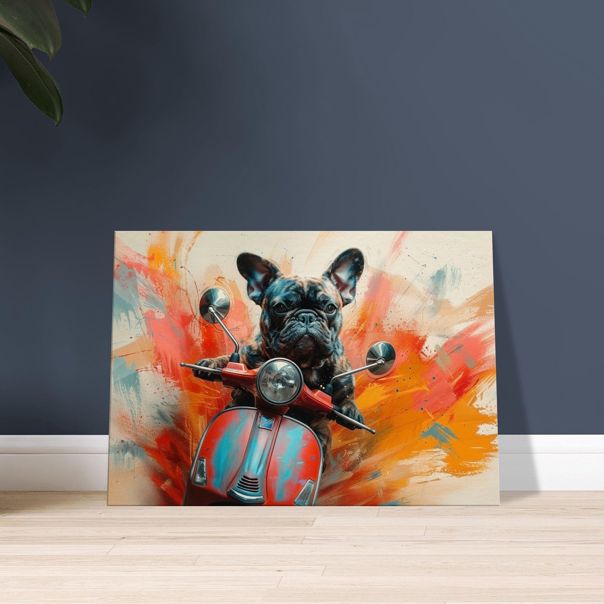 French Bulldog Riding a Moped Canvas Print. Funny Animal Wall Art Gift for Scooter Riders, Frenchie Owner, Mom, Dad. Paint Splash Painting - CanvasityCrafts - Free Shipping