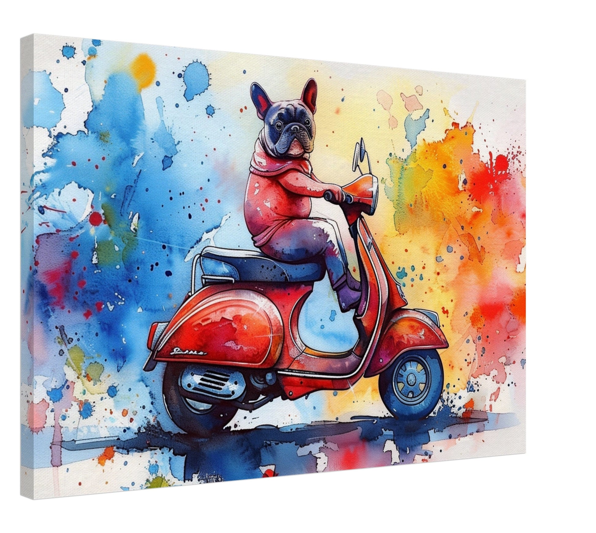 French Bulldog Riding a Moped Canvas Print. Funny Animal Wall Art Gift for Scooter Riders, Frenchie Owner, Mom, Dad. Paint Splash Painting - CanvasityCrafts - Free Shipping