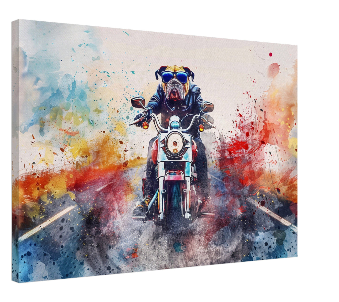 American Bulldog Motorbike Canvas Print. Funny Animal Wall Art Gift for Bikers, Motorcycle Owner, Bulldog Dad. Paint Splash Painting - CanvasityCrafts - Free Shipping