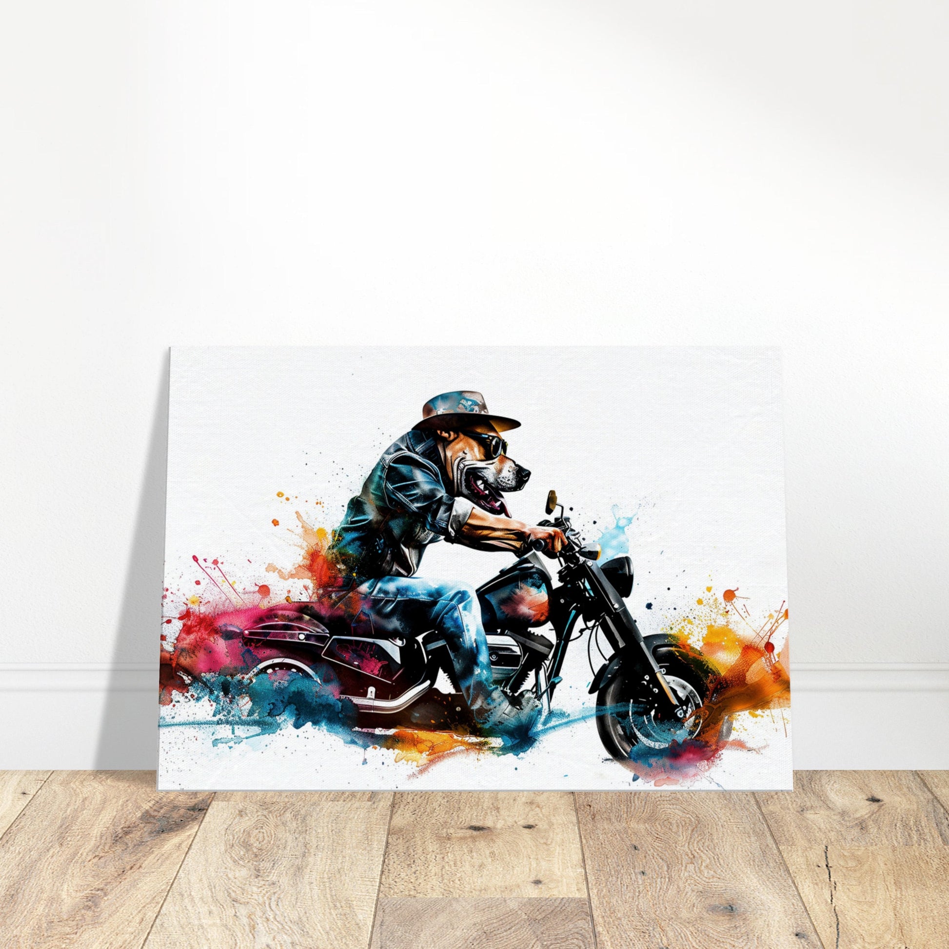 American Bulldog Motorbike Canvas Print. Funny Animal Wall Art Gift for Bikers, Motorcycle Owner, Bulldog Dad. Paint Splash Painting - CanvasityCrafts - Free Shipping