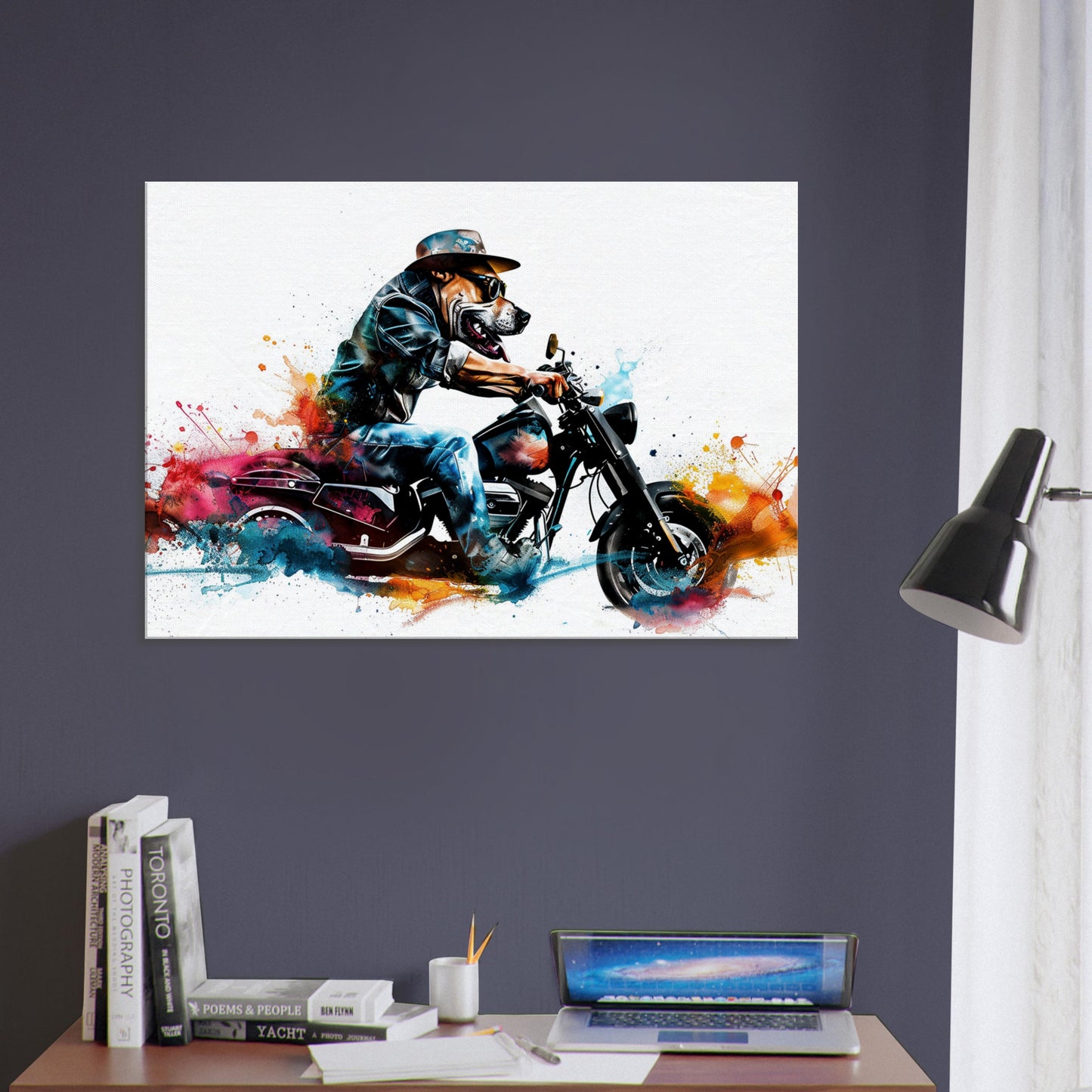 American Bulldog Motorbike Canvas Print. Funny Animal Wall Art Gift for Bikers, Motorcycle Owner, Bulldog Dad. Paint Splash Painting - CanvasityCrafts - Free Shipping