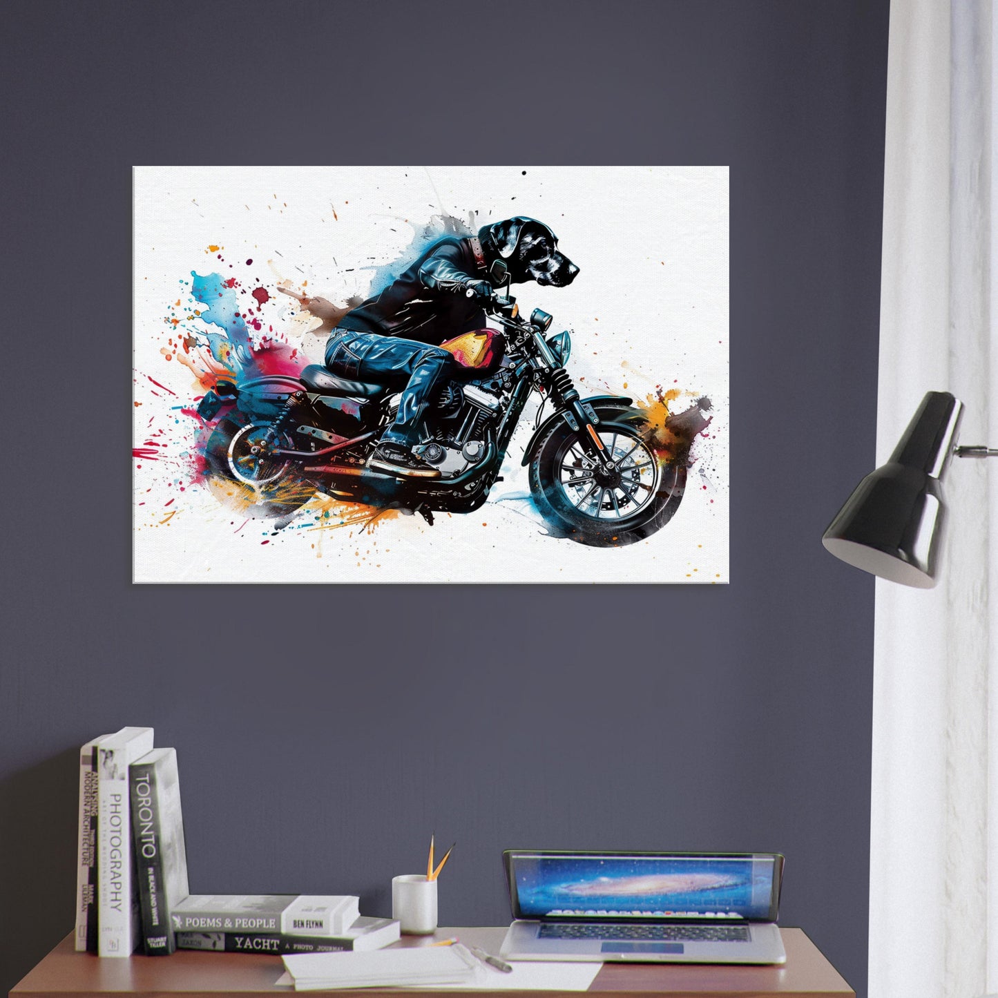 Black Labrador Motorbike Canvas Print. Funny Animal Wall Art Gift for Bikers, Motorcycle Owner, Lab Dad. Paint Splash Painting - CanvasityCrafts - Free Shipping