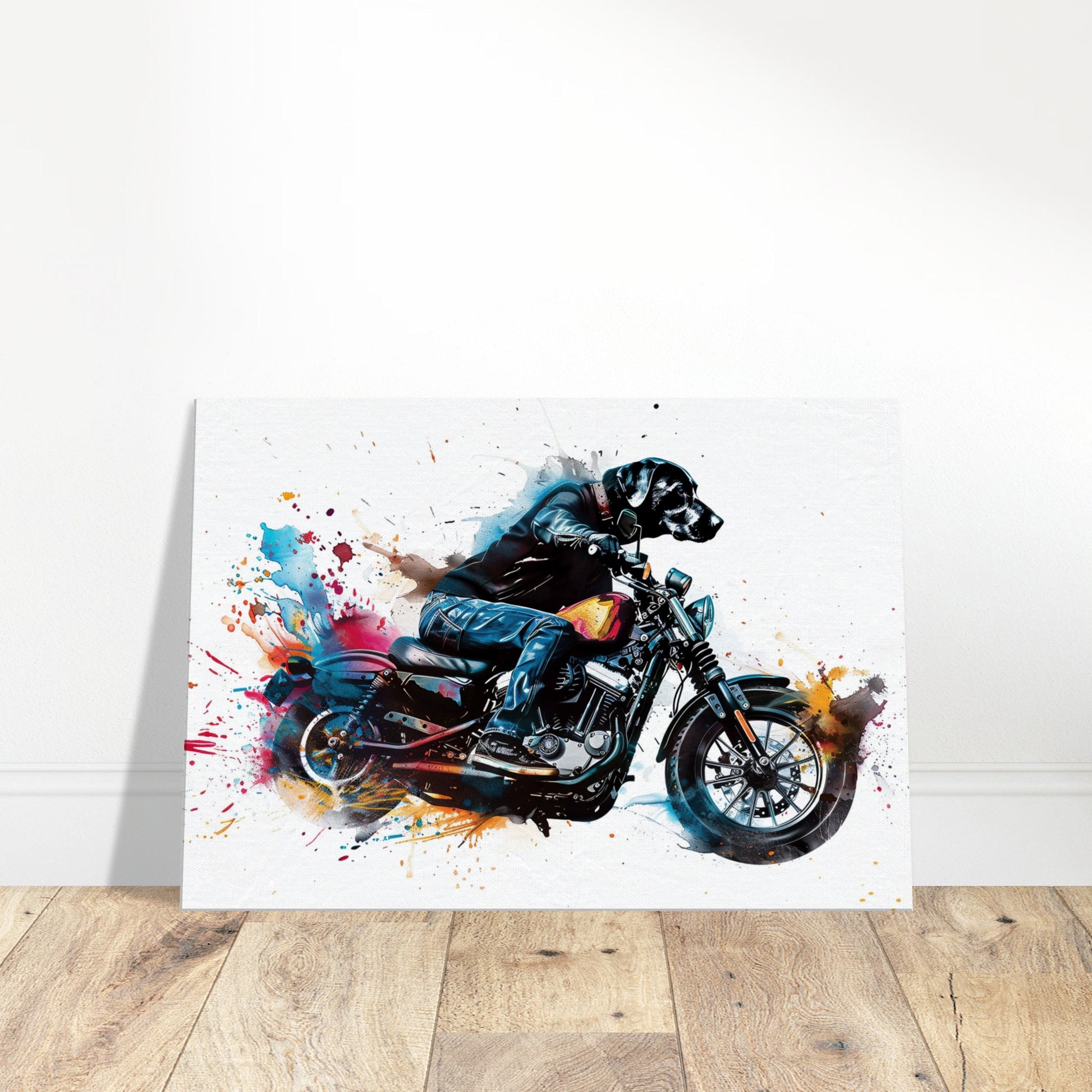 Black Labrador Motorbike Canvas Print. Funny Animal Wall Art Gift for Bikers, Motorcycle Owner, Lab Dad. Paint Splash Painting - CanvasityCrafts - Free Shipping