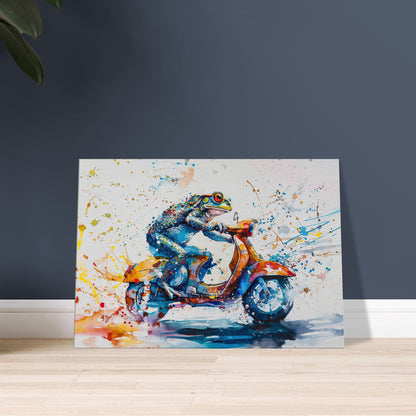 Frog Riding a Moped Canvas Print. Funny Toad Wall Art Gift for Scooter Riders, Pond Life Decor, Funny Frog Watercolour Paint Splash Painting - CanvasityCrafts - Free Shipping