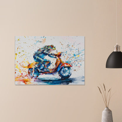 Frog Riding a Moped Canvas Print. Funny Toad Wall Art Gift for Scooter Riders, Pond Life Decor, Funny Frog Watercolour Paint Splash Painting - CanvasityCrafts - Free Shipping