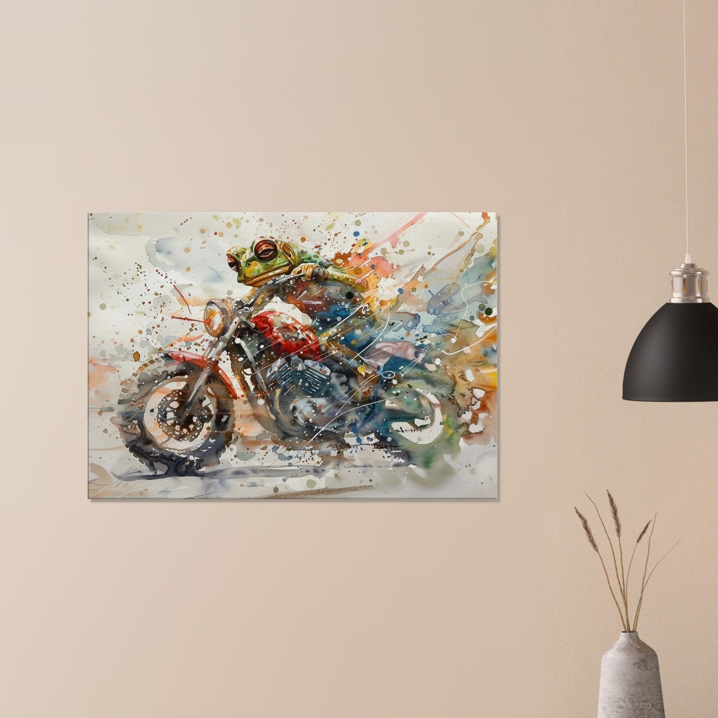 Frog on a Motorbike Canvas Print. Funny Animal Wall Art Gift for Bikers, Motorcycle Owner, Toad Pond Life. Watercolour Paint Splash Painting - CanvasityCrafts - Free Shipping