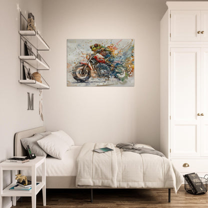 Frog on a Motorbike Canvas Print. Funny Animal Wall Art Gift for Bikers, Motorcycle Owner, Toad Pond Life. Watercolour Paint Splash Painting - CanvasityCrafts - Free Shipping