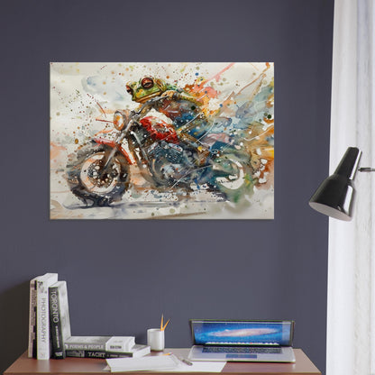 Frog on a Motorbike Canvas Print. Funny Animal Wall Art Gift for Bikers, Motorcycle Owner, Toad Pond Life. Watercolour Paint Splash Painting - CanvasityCrafts - Free Shipping