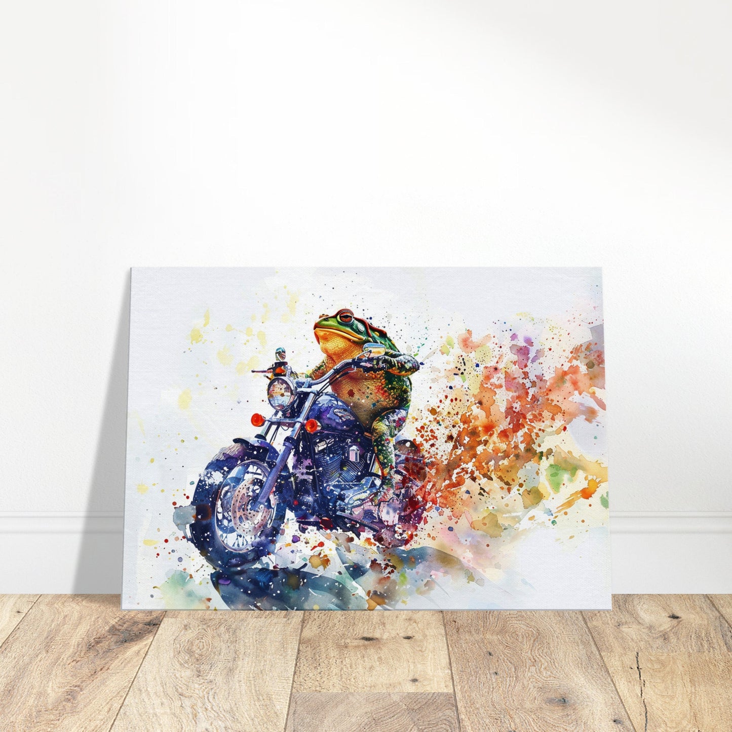 Toad on a Motorbike Canvas Print. Funny Animal Wall Art Gift for Bikers, Motorcycle Owner, Frog Pond Life. Watercolour Paint Splash Painting - CanvasityCrafts - Free Shipping