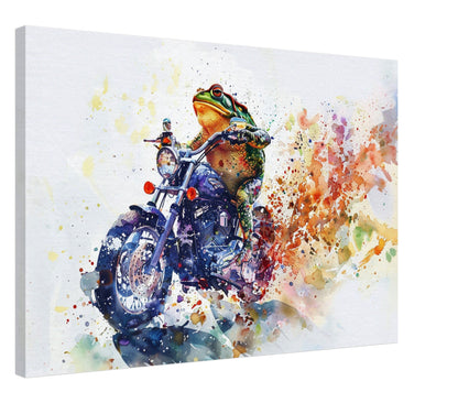 Toad on a Motorbike Canvas Print. Funny Animal Wall Art Gift for Bikers, Motorcycle Owner, Frog Pond Life. Watercolour Paint Splash Painting - CanvasityCrafts - Free Shipping