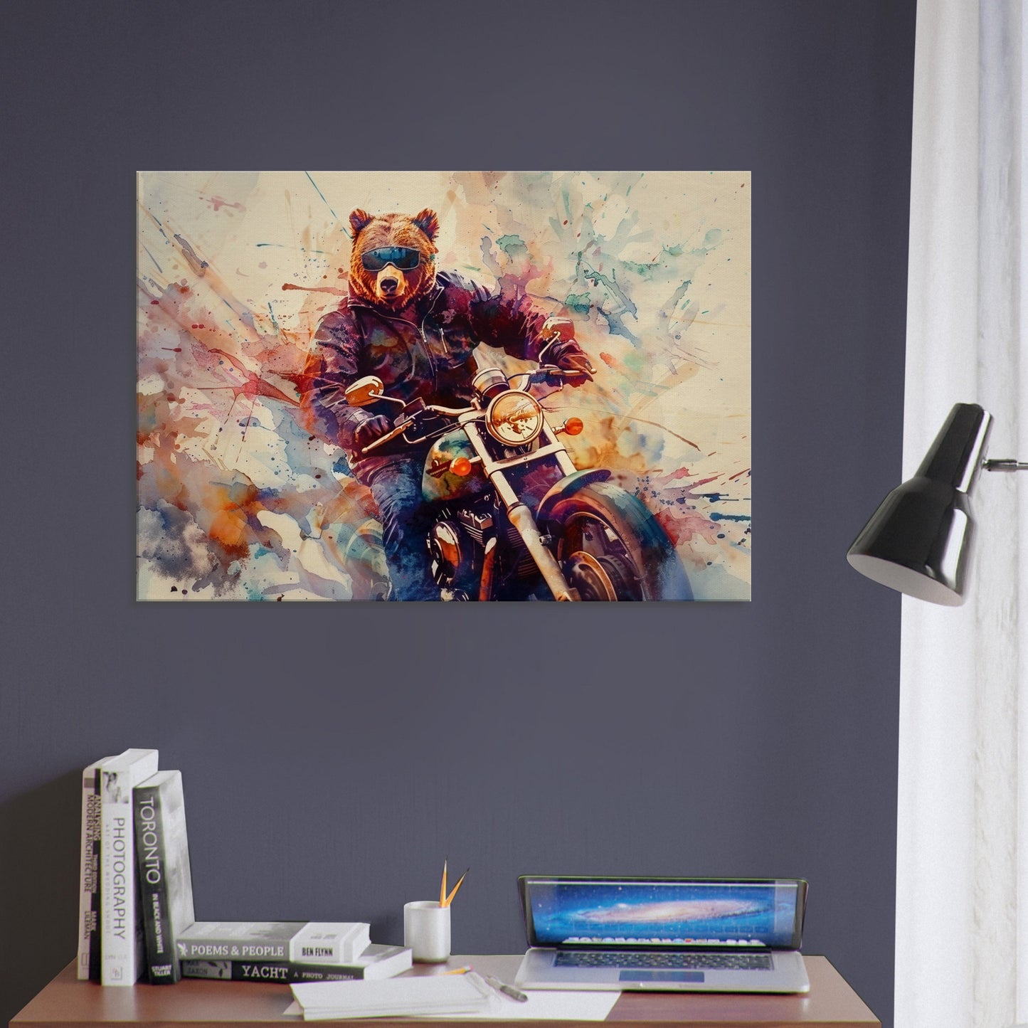 Grizzly Bear on a Motorbike Canvas Print. Funny Animal Wall Art Gift for Bikers, Motorcycle Owner, Forrest Life. Paint Splash Painting - CanvasityCrafts - Free Shipping