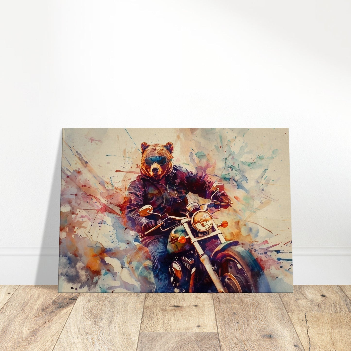 Grizzly Bear on a Motorbike Canvas Print. Funny Animal Wall Art Gift for Bikers, Motorcycle Owner, Forrest Life. Paint Splash Painting - CanvasityCrafts - Free Shipping