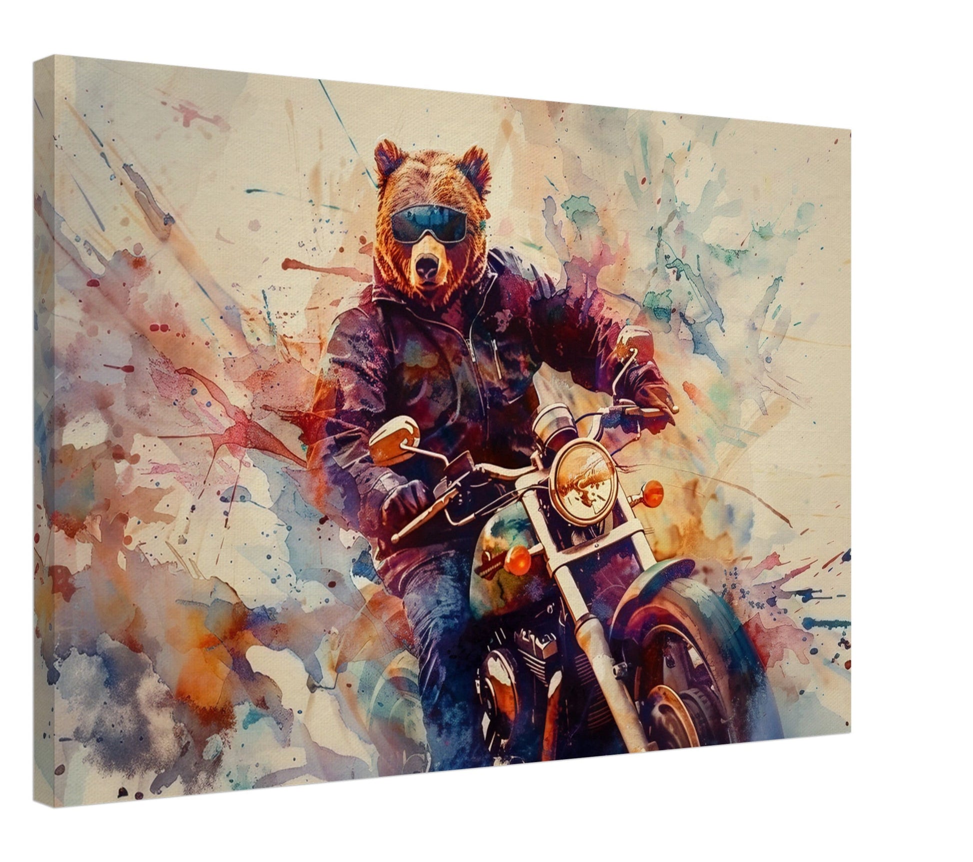 Grizzly Bear on a Motorbike Canvas Print. Funny Animal Wall Art Gift for Bikers, Motorcycle Owner, Forrest Life. Paint Splash Painting - CanvasityCrafts - Free Shipping