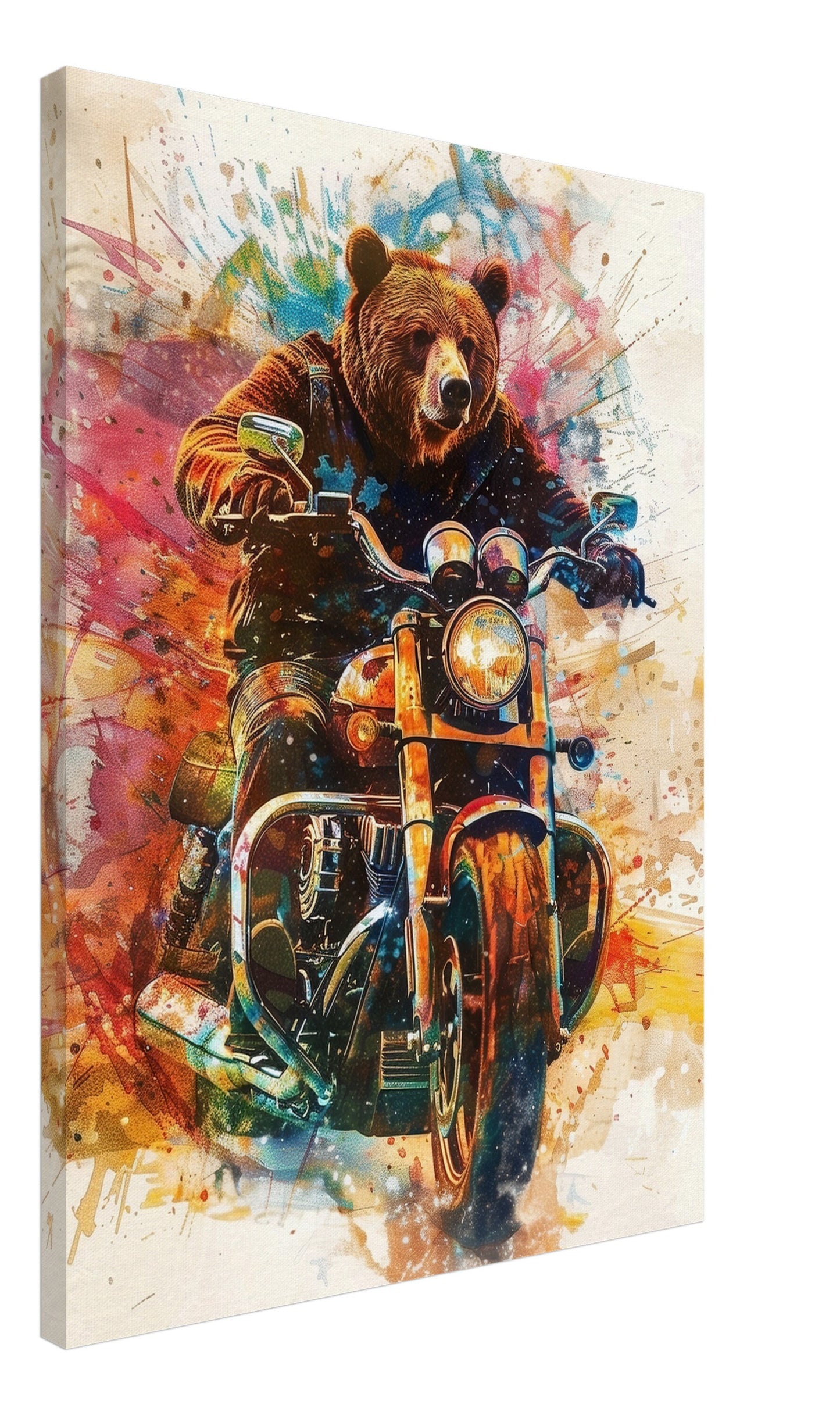 Grizzly Bear on a Motorbike Canvas Print. Funny Animal Wall Art Gift for Bikers, Motorcycle Owner, Forrest Life. Paint Splash Painting - CanvasityCrafts - Free Shipping