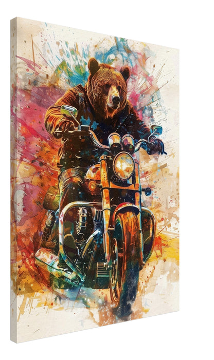 Grizzly Bear on a Motorbike Canvas Print. Funny Animal Wall Art Gift for Bikers, Motorcycle Owner, Forrest Life. Paint Splash Painting - CanvasityCrafts - Free Shipping