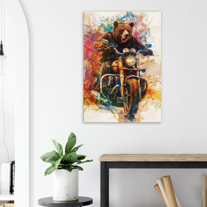 Grizzly Bear on a Motorbike Canvas Print. Funny Animal Wall Art Gift for Bikers, Motorcycle Owner, Forrest Life. Paint Splash Painting - CanvasityCrafts - Free Shipping