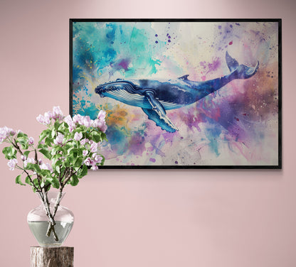 Watercolour Humpback Whale Painting. Unframed Whale Poster Print. Marine Animal, Nautical Decor Gift for Sea Life Lovers. Paint Splash - CanvasityCrafts - Free Shipping