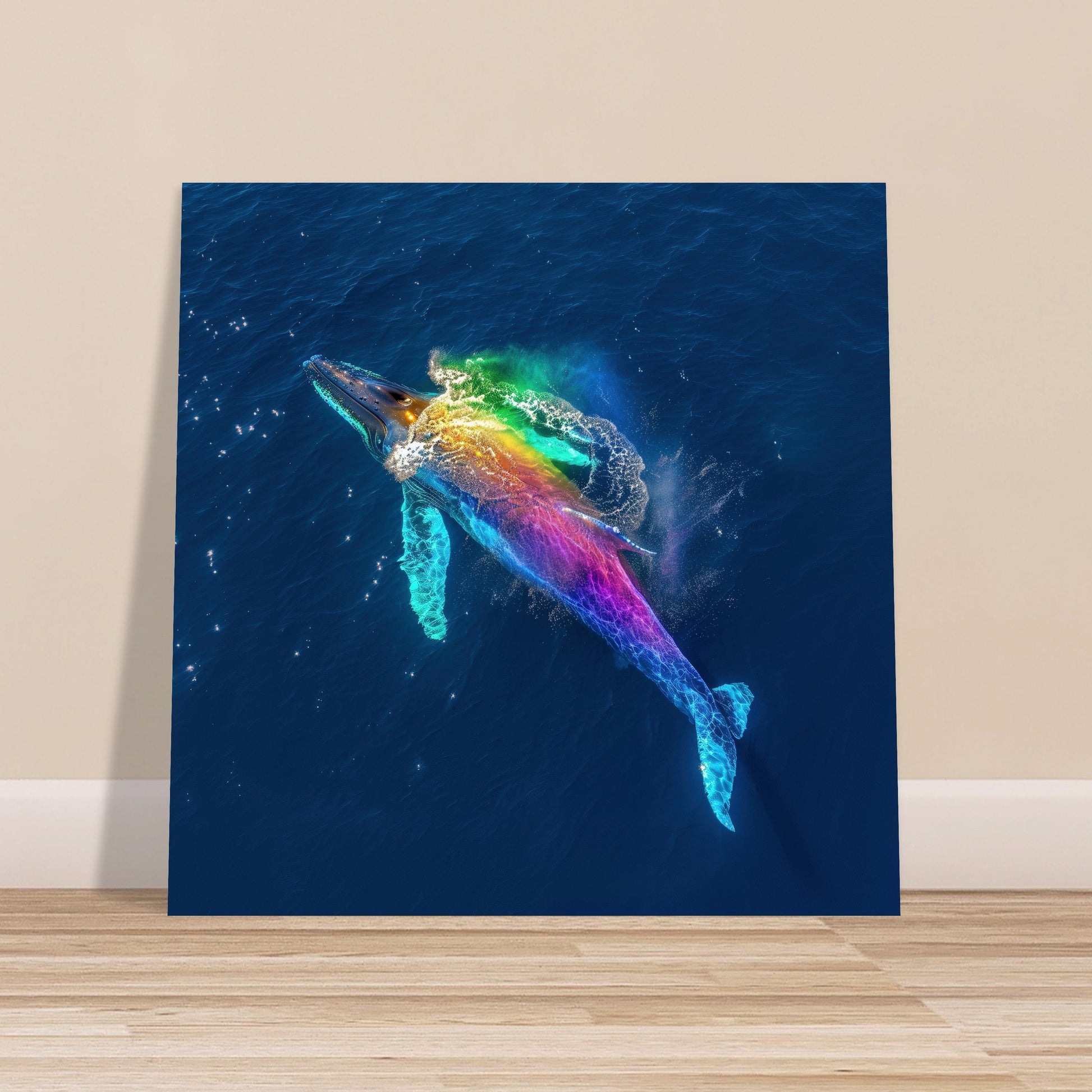 Humpback Whale in a Rainbow Mist Poster Print (Square). Marine Animal, Nautical Decor Sea Life Lovers Gift. Colourful realistic picture - CanvasityCrafts - Free Shipping