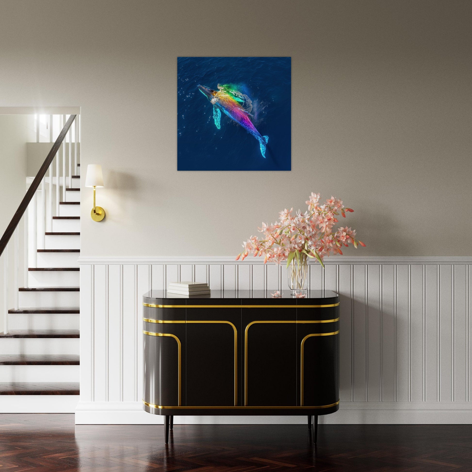 Humpback Whale in a Rainbow Mist Poster Print (Square). Marine Animal, Nautical Decor Sea Life Lovers Gift. Colourful realistic picture - CanvasityCrafts - Free Shipping