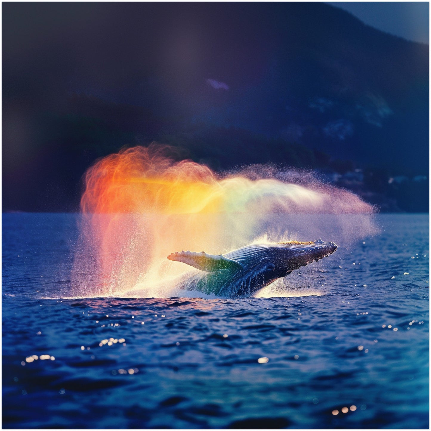 Humpback Whale in a Rainbow Mist Poster Print (Square). Marine Animal, Nautical Decor Sea Life Lovers Gift. Colourful realistic picture - CanvasityCrafts - Free Shipping