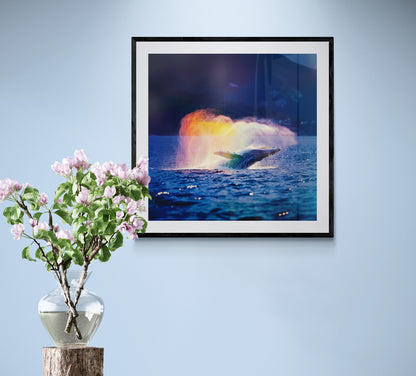 Humpback Whale in a Rainbow Mist Poster Print (Square). Marine Animal, Nautical Decor Sea Life Lovers Gift. Colourful realistic picture - CanvasityCrafts - Free Shipping