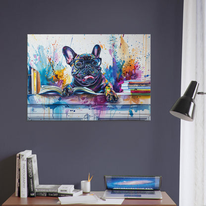 Funny French Bulldog Reading Canvas. Beautiful Frenchie Mom, Dad Gift. Watercolour Paint Splash Print for Dog & Book Lovers. Library Decor - CanvasityCrafts - Free Shipping