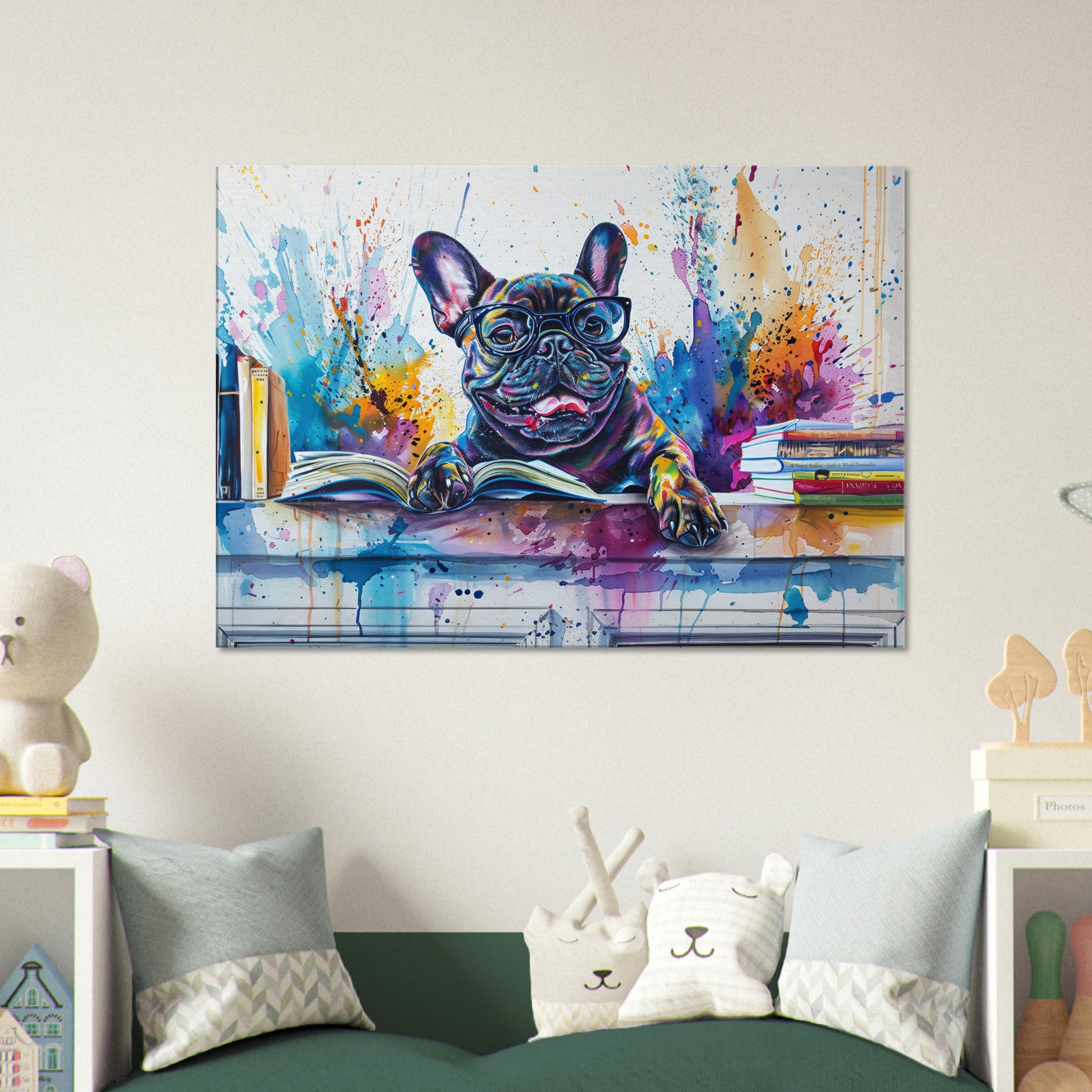 Funny French Bulldog Reading Canvas. Beautiful Frenchie Mom, Dad Gift. Watercolour Paint Splash Print for Dog & Book Lovers. Library Decor - CanvasityCrafts - Free Shipping