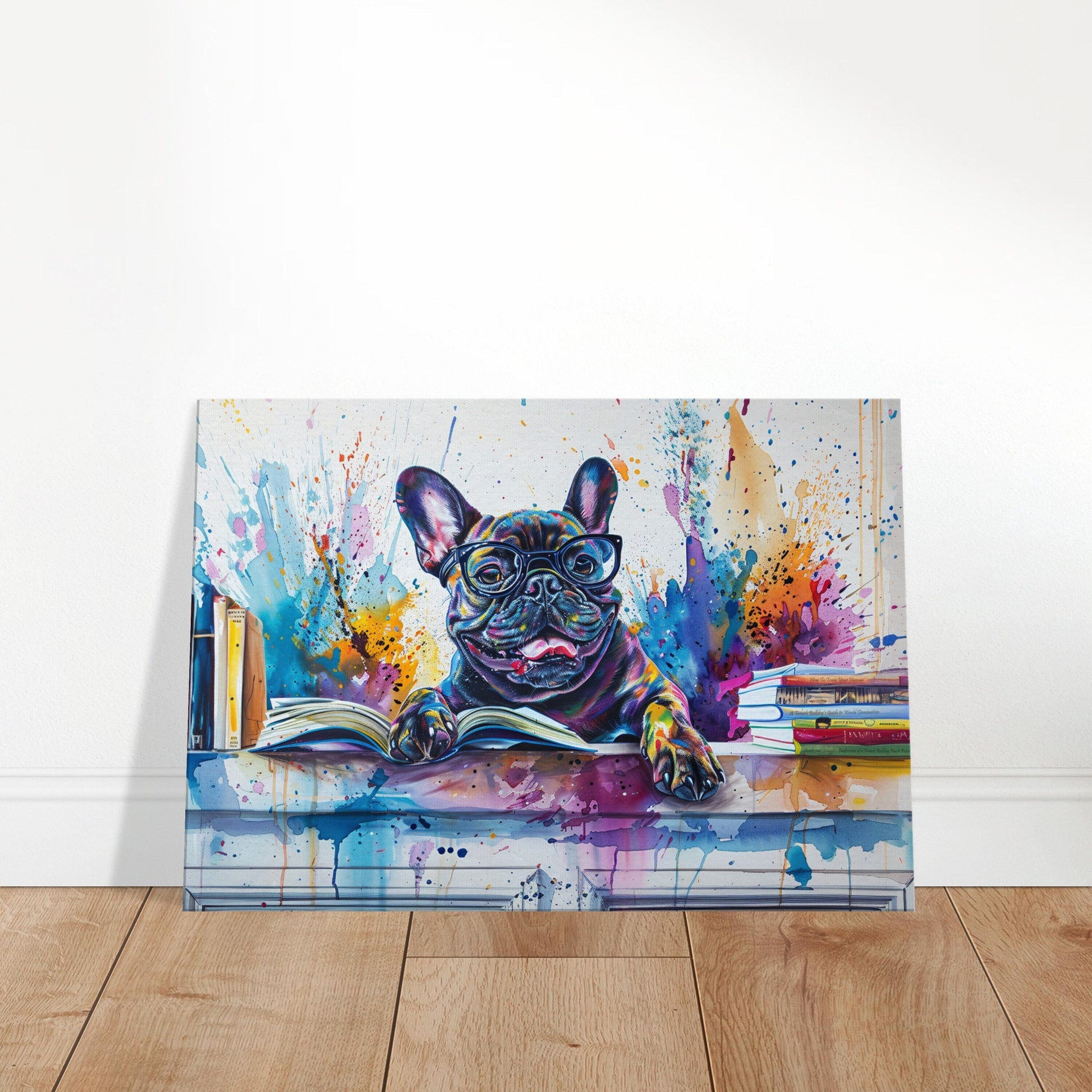 Funny French Bulldog Reading Canvas. Beautiful Frenchie Mom, Dad Gift. Watercolour Paint Splash Print for Dog & Book Lovers. Library Decor - CanvasityCrafts - Free Shipping