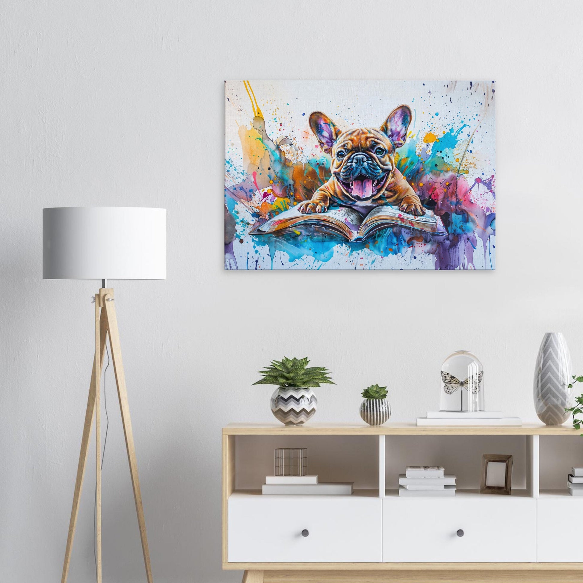 Book Worm French Bulldog Canvas. Frenchie Mom, Dad, Librarian Gift. Watercolour Paint Splash Print, Funny Dog Owner, Library, Reading Decor - CanvasityCrafts - Free Shipping