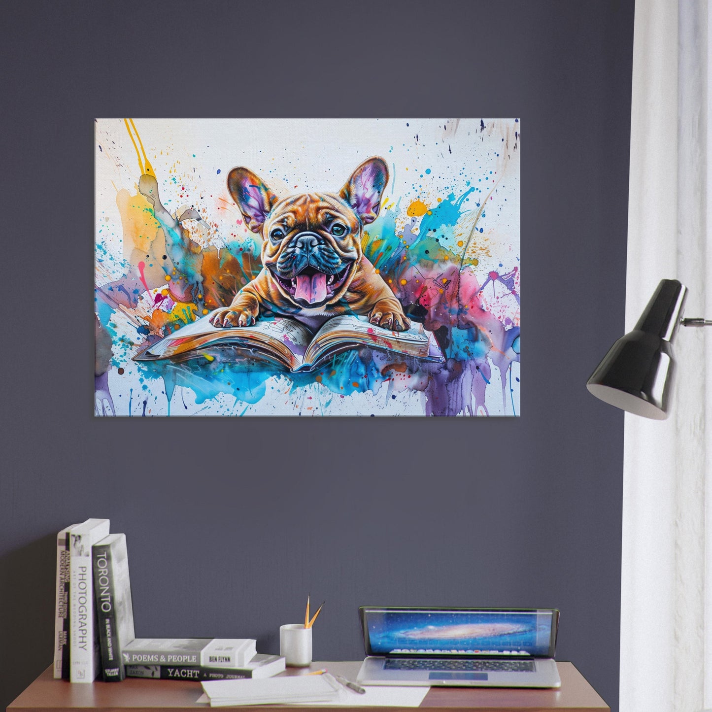 Book Worm French Bulldog Canvas. Frenchie Mom, Dad, Librarian Gift. Watercolour Paint Splash Print, Funny Dog Owner, Library, Reading Decor - CanvasityCrafts - Free Shipping