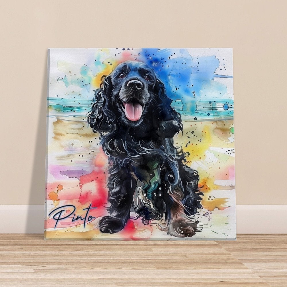 Pinto on the Beach. Colorful Black Cocker Spaniel Pet Memorial Canvas With Splashes of Rainbow Color - CanvasityCrafts - Free Shipping