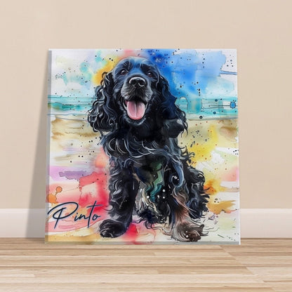 Pinto on the Beach. Colorful Black Cocker Spaniel Pet Memorial Canvas With Splashes of Rainbow Color - CanvasityCrafts - Free Shipping